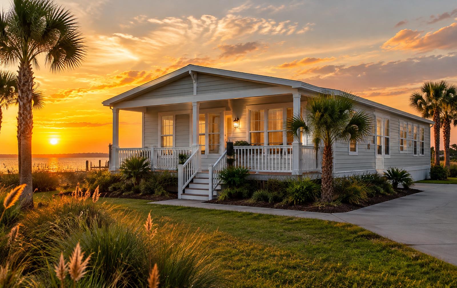 Manufactured home with covered porch at sunset